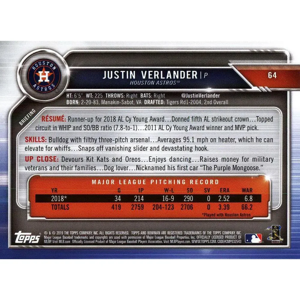 2019 Bowman Justin Verlander #64 HouSton Astros